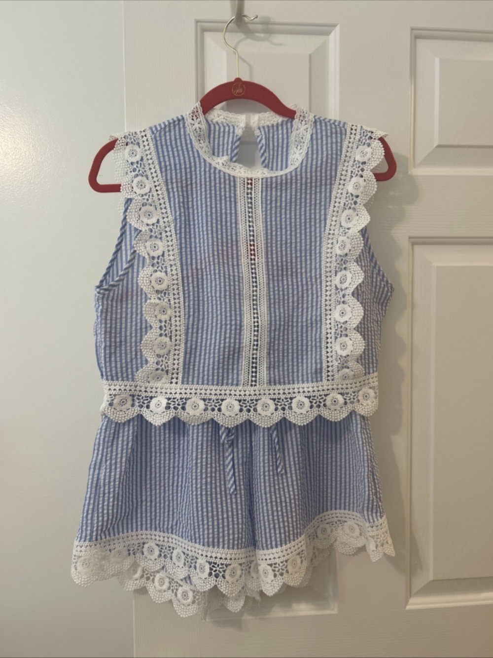 Blue and White Striped Lace-Trim Women's Shorts Set